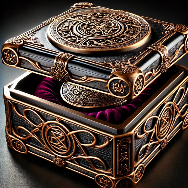 File:A luxurious black lacquered container reinforced with intricate bronze framework. The edges, corners, and surfaces feature elegant, interwoven bronze.webp